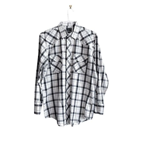 Roper Mens Casual Shirt Pearl Snap Up Long Sleeve Plaid Black White Silver Large - Picture 1 of 7